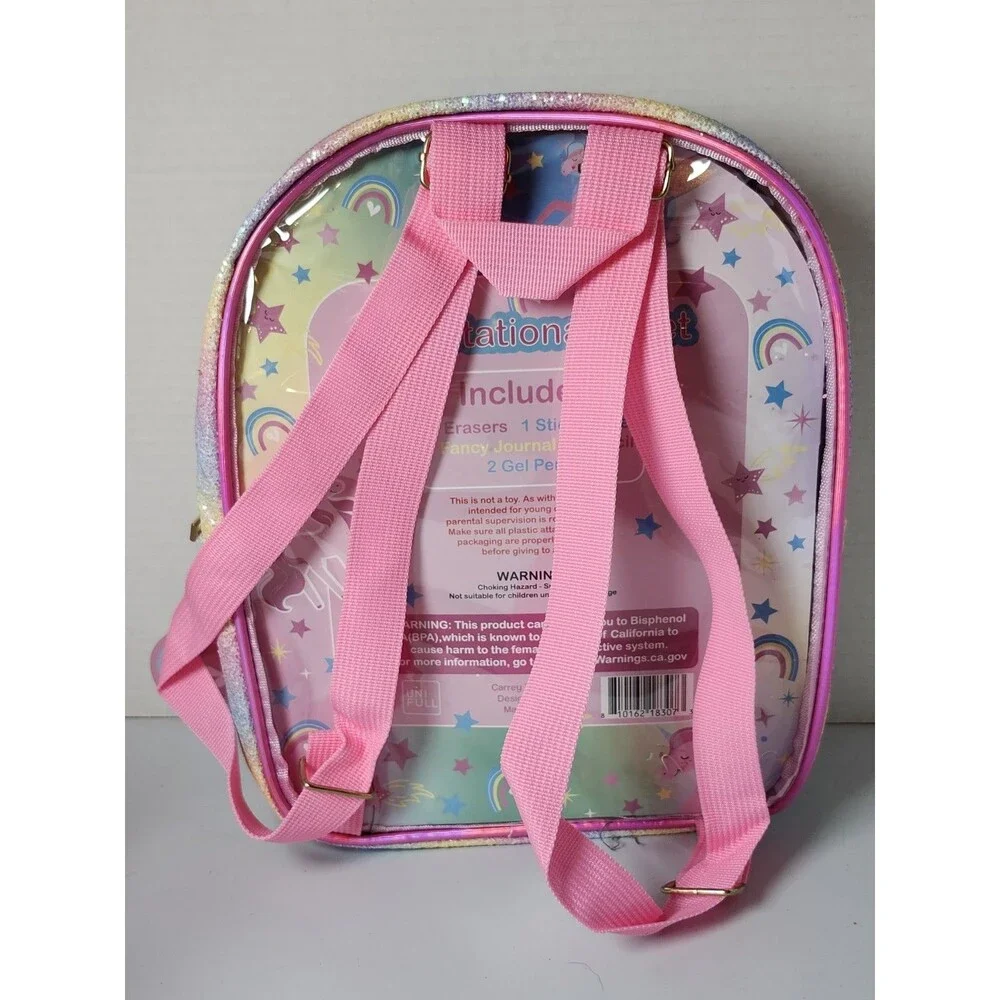 Unicorn Rainbow Glitter Backpack with Notebook, Sticky Notes, Pens, And Pencil